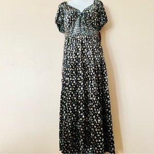 Arula Black & Tan Dainty Floral Velvet Smocked Short Sleeve Tiered Dress.